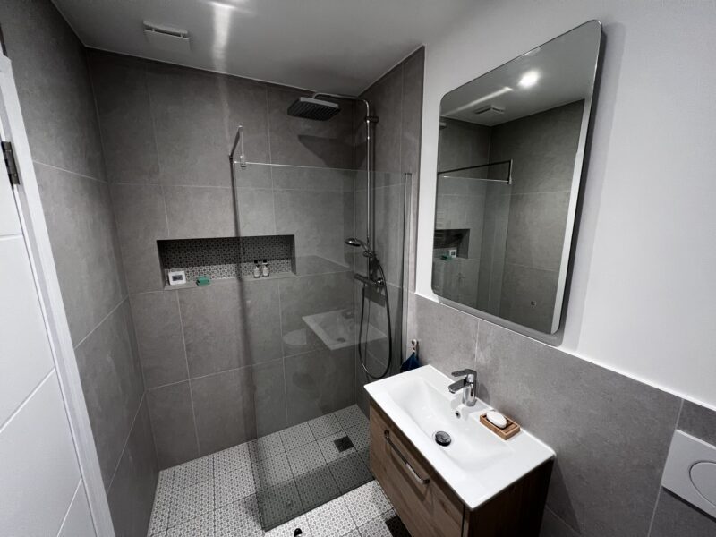 Walk-in shower room with grey tiles and wall-hung vanity