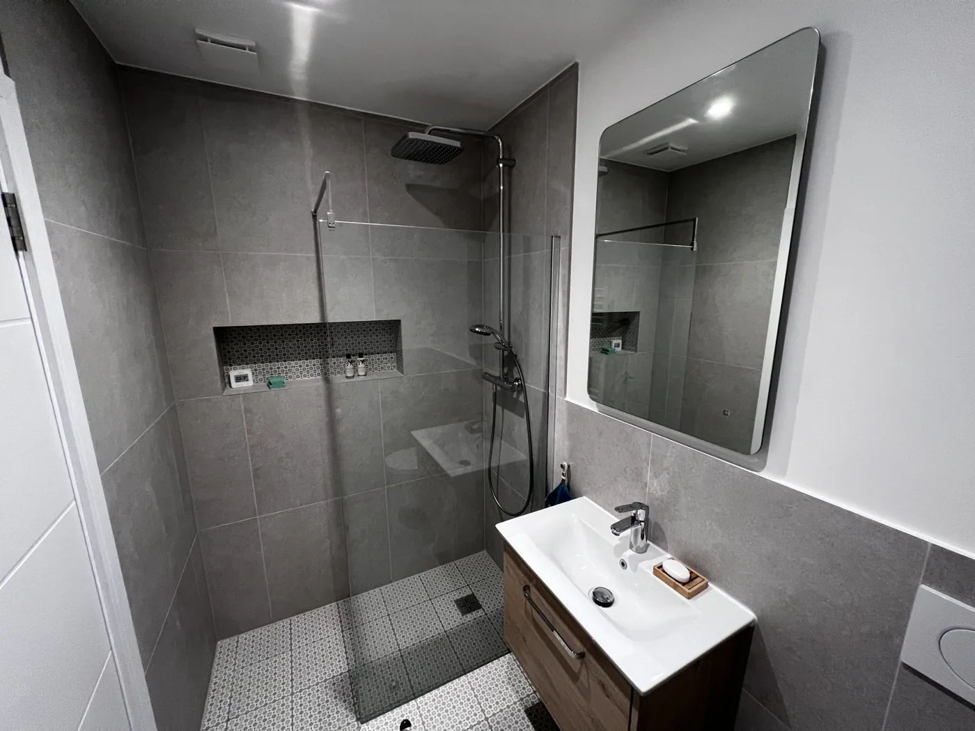 Walk-in shower room with grey tiles and a wall-hung basin, Barnfield Avenue, Kingston