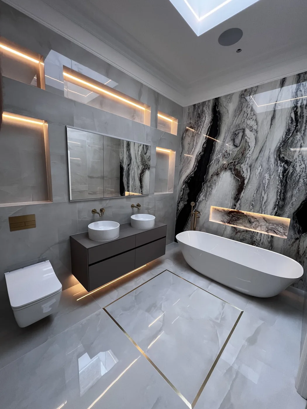 Bathroom with a freestanding bath, twin basins and feature lighting, Upper Richmond Road, Putney